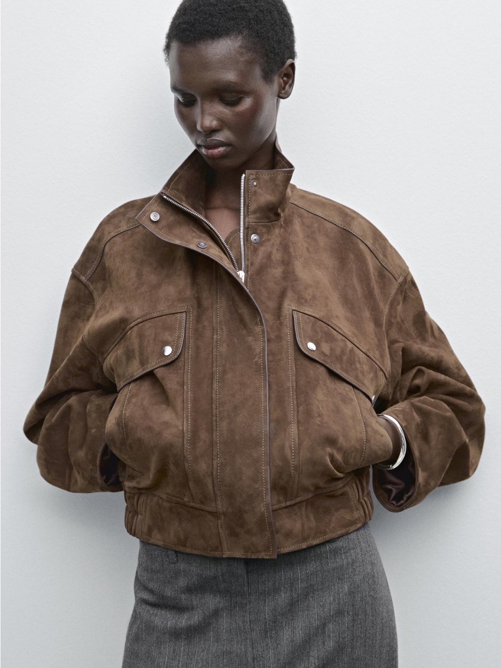 Massimo Dutti Brown Suede Bomber Jacket - Women